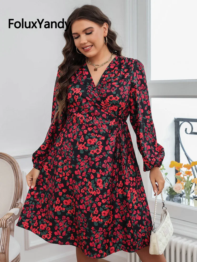 

FoluxYandy Floral Beach Summer Dress Plus Size Women V Neck Long Sleeve A-line Dress Knee-length Vestidos CNFS10