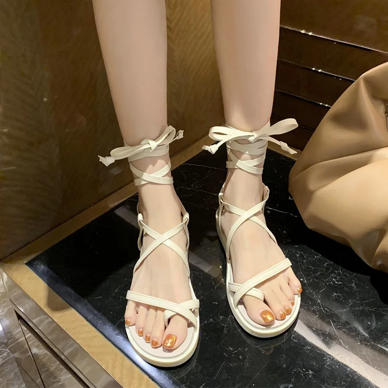 

Clear Heels Comfort Shoes for Women Cross-Shoes Female Sandal All-Match 2021 Summer Low Girls Fashion New Gladiator Beige Flat L