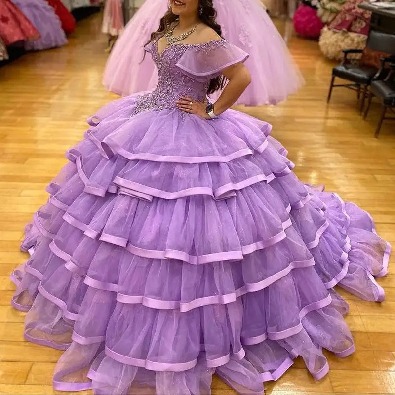 

Purple Layered Quinceanera Dresses Off the Shoulder Embroidery Appliques Ball Gown Sweet 15 Dress Ruched Prom Gowns