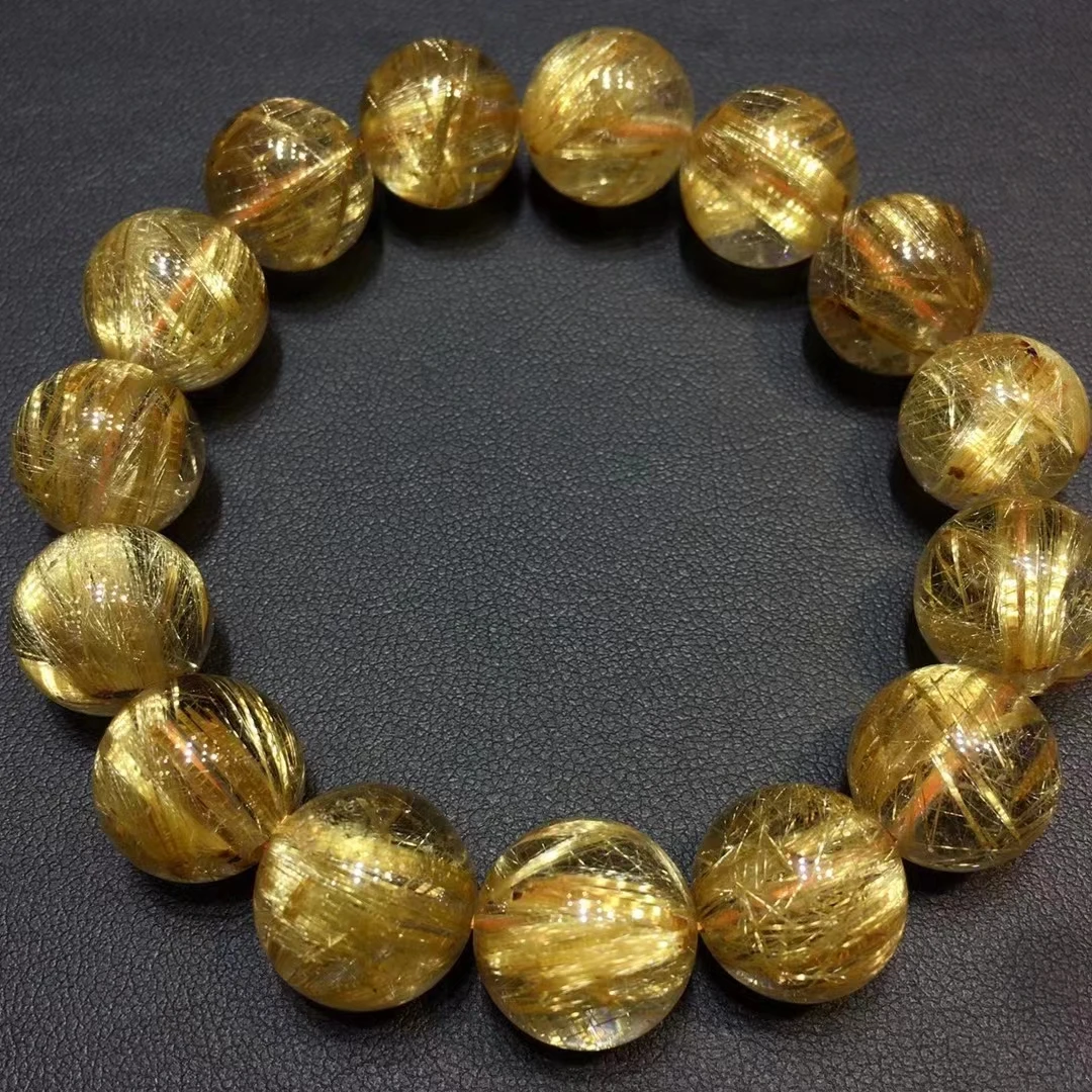 

Genuine Natural Gold Rutilated Quartz Woman Men Bracelet 14mm Clear Titanium Round Beads Jewelry From Brazil AAAAAAA