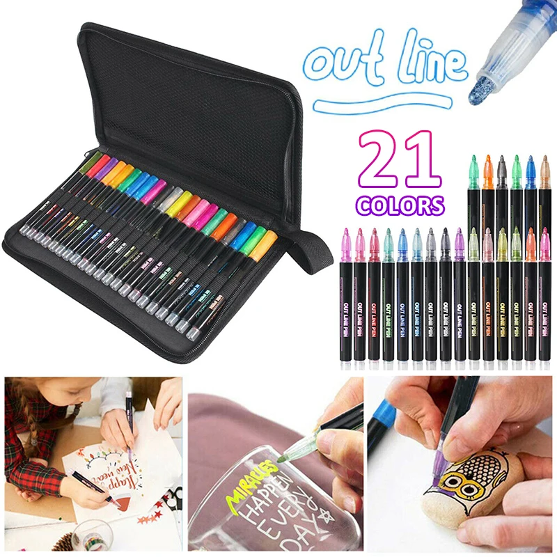 

21 Colors/set Double Line Pen Outline Markers Pens Outline Metallic Markers Highlighter Marker Pen for Art Painting Writing