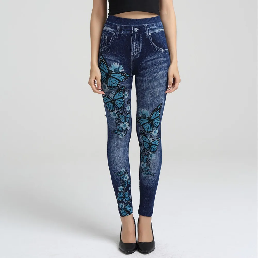 

Women High Waist Faux Denim Jeans Pencil Pants Push Up Butt Lift Stretch Legging Pencil Pants Leggings
