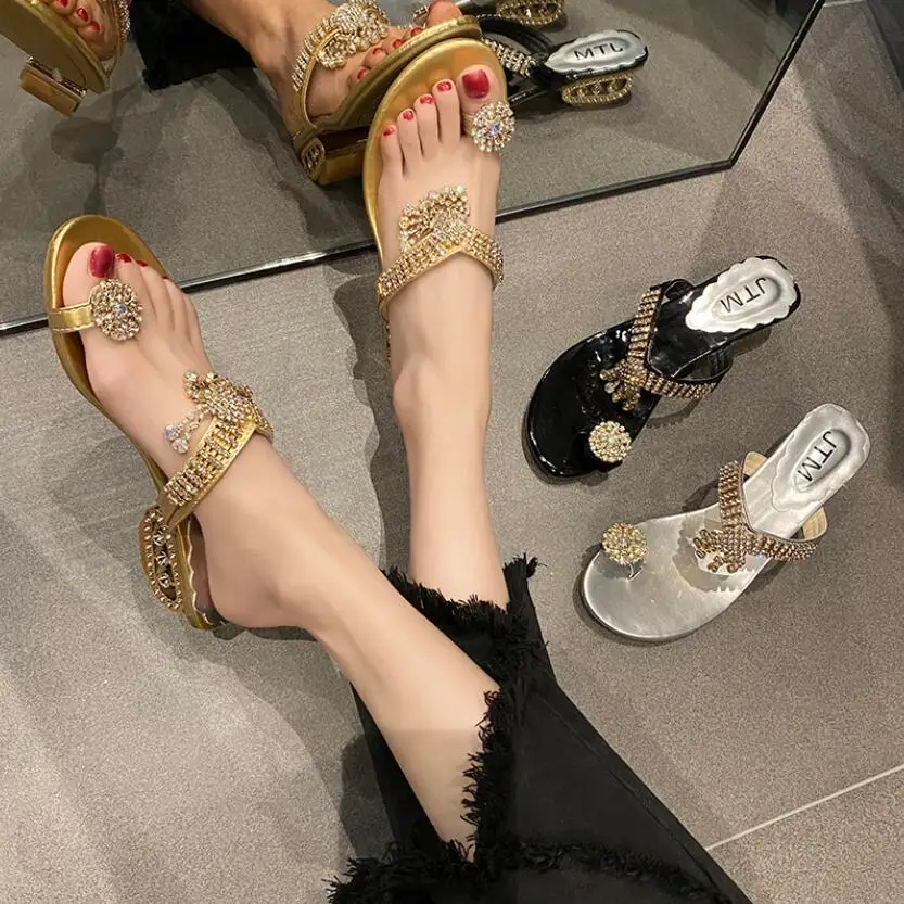 Женские шлепанцы на танкетке Koovan летние большие размеры 41 2021 стразы золотые