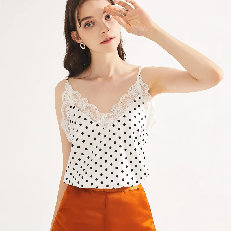 

Black Polka Dot V Neck Crop Top Women Lace Spaghetti Strap White Sweet Office Lady Tanks Female Outdoor Short Summer Camis