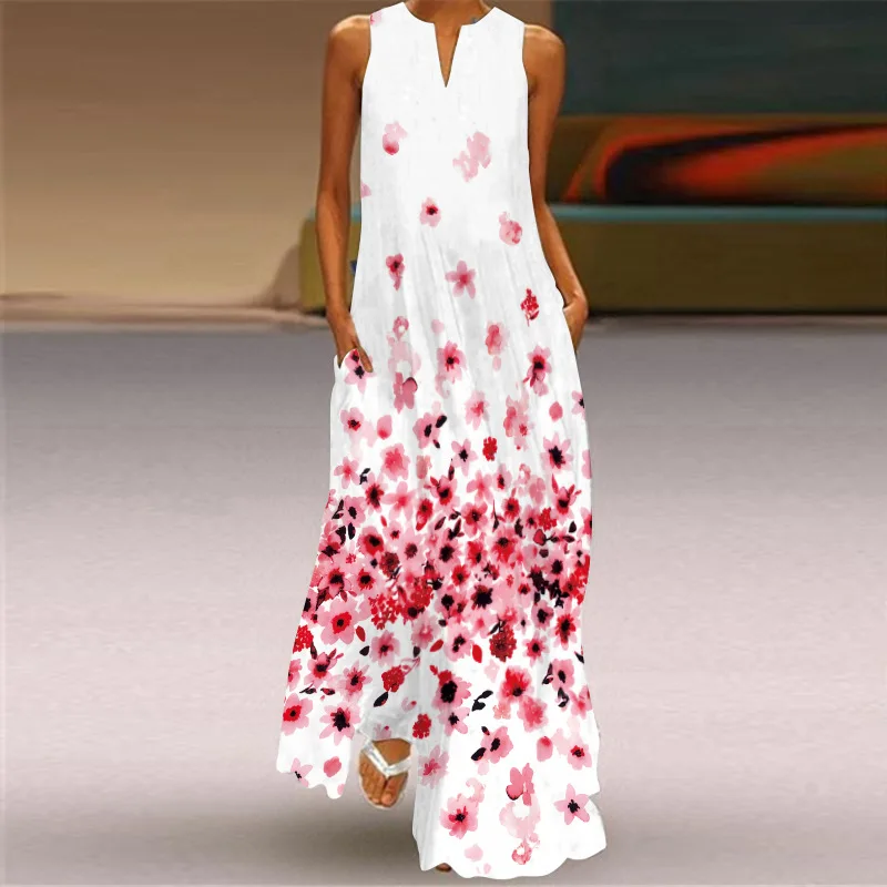 

Casual Loose Plus Size Pullover Maxi Dress Women 2021 New Summer Women's Fashion Sleeveless V-neck Print Dress Vestidos De Mujer