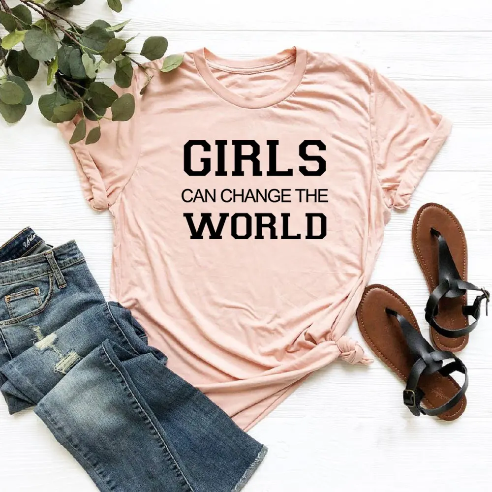 

Womens Top 2021 New Summer Female Clothing Crew Neck Letter Print Cotton Short Sleeve Casual Harajuku Girls Can Change The World