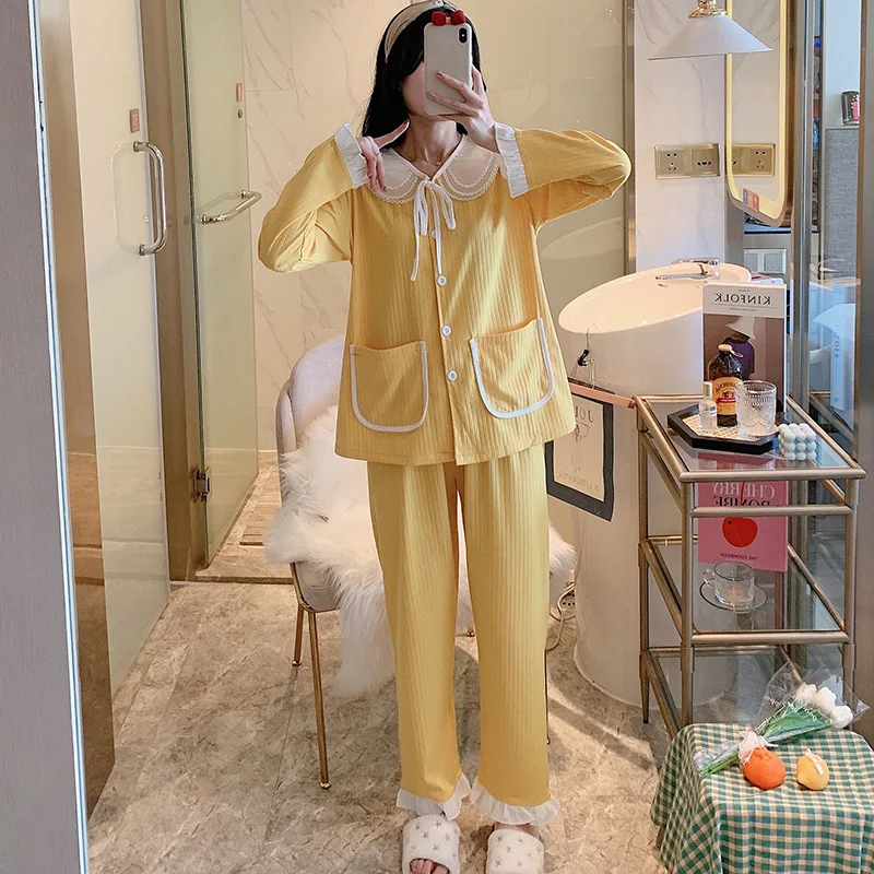 

Кружевное платье в стиле «Питер Пэн», пижама с воротником для женщин; Сезон весна-осень; Натуральный хлопок кардиган с длинными рукавами, ко...