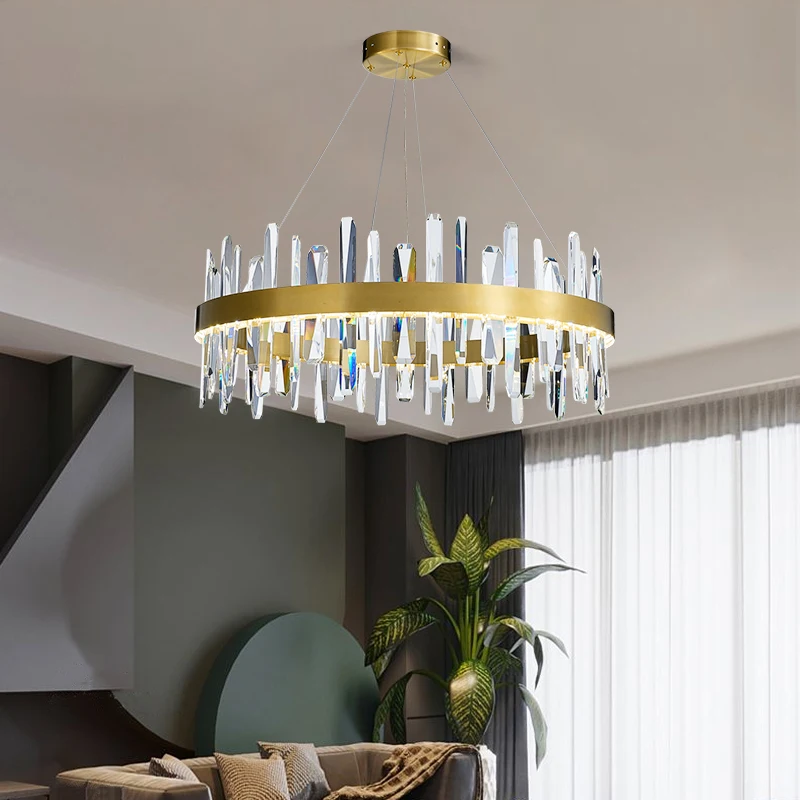 

New Copper LED Modern Round K9 Crystal Chandelier For Dining Room Design Kitchen Island Lighting Fixtures Plated Chrome G4