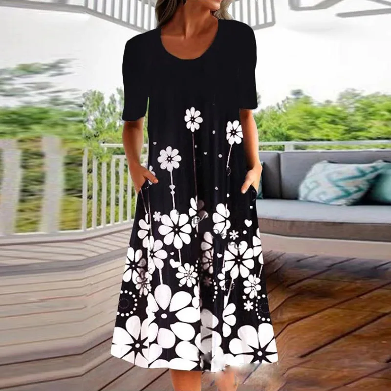 

Women Elegant Floral Print Party Dress 2021 Spring O Neck Pocket A-Line Midi Dress Summer Lady Short Sleeve Loose Casual Dresses