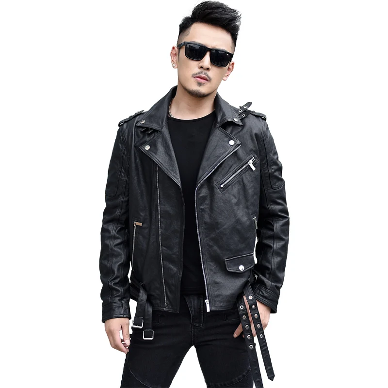 

Style Mens Korean Short Slim Genuine Leather Biker Jacket Zippers Turn-Down Collar Pockets Sashes Vintage Sheepskin Fashion Coat