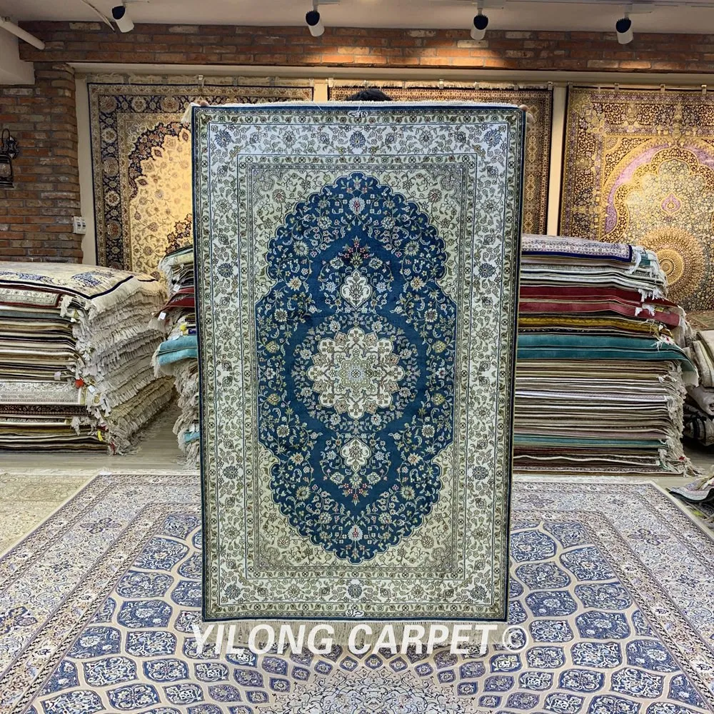 

Yilong 3 'x 5' Тебриз Шелковый коврик синий ручной работы изысканный персидский шелковый коврик ручной работы (YXR335B)