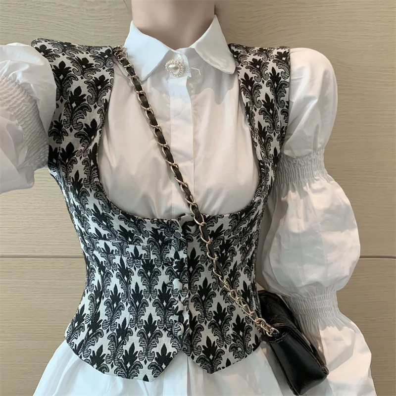 

Two Pieces Set Chic Turn Down Collar Puff Long Sleeve White Long Shirt + single-breasted Vest Sweet Suit Women