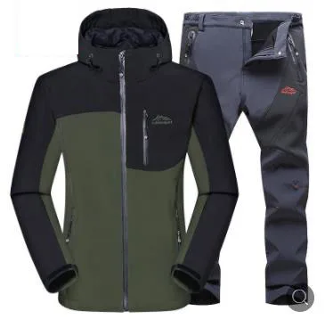 Green Gray Suit Мужская осенне-зимняя уличная Флисовая теплая флисовая куртка с капюшоном водонепроницаемая Лыжная куртка треккинг Кемпинг горная куртка брюки - Цвет: Green Gray Suit