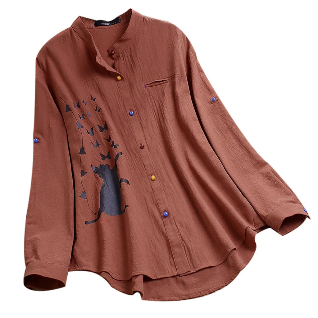 Блузка рубашка с длинным рукавом блузка принтом кошки Женская хлопковая туника