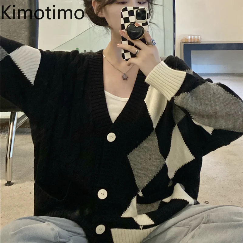 

Kimotimo Argyle Sweater Coat Women Korean Chic Design Little Fragrance Knit Cardigan Autumn Winter Long Sleeve Loose Sweaters