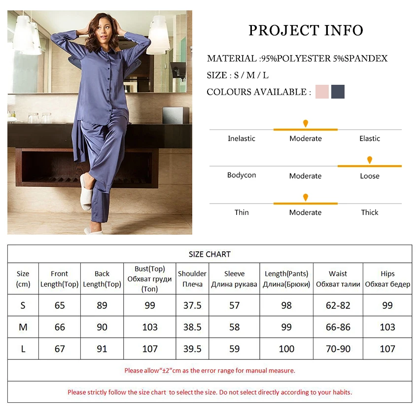 

Pocket Long Sleeves Female Set 2 Pcs Satin Pajamas For Women Home Suit Sets Blue Sleepwear Turn-Down Collar Sleep Tops Nightwear