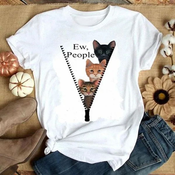 

Fashionable Cute Cat 3D Printed Women's T Shirt 2020 Summer New Street Hipster Ladies White T Shirt Casual Loose All Match Tees