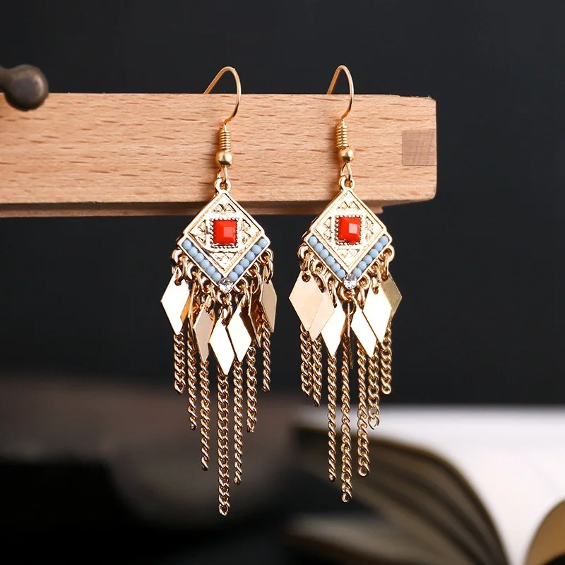 

Vintage Ethnic Earrings For Women Bohemian Tassel Geometric Rhombic Dangle Drop Earrings Boho Jewelry Accessories