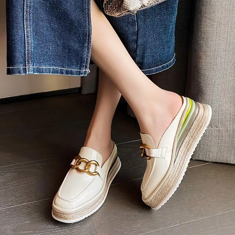 

Krazing pot cow leather round toe metal chains fasteners straw slip on outside slipper flat platform daily wear shoes women L38