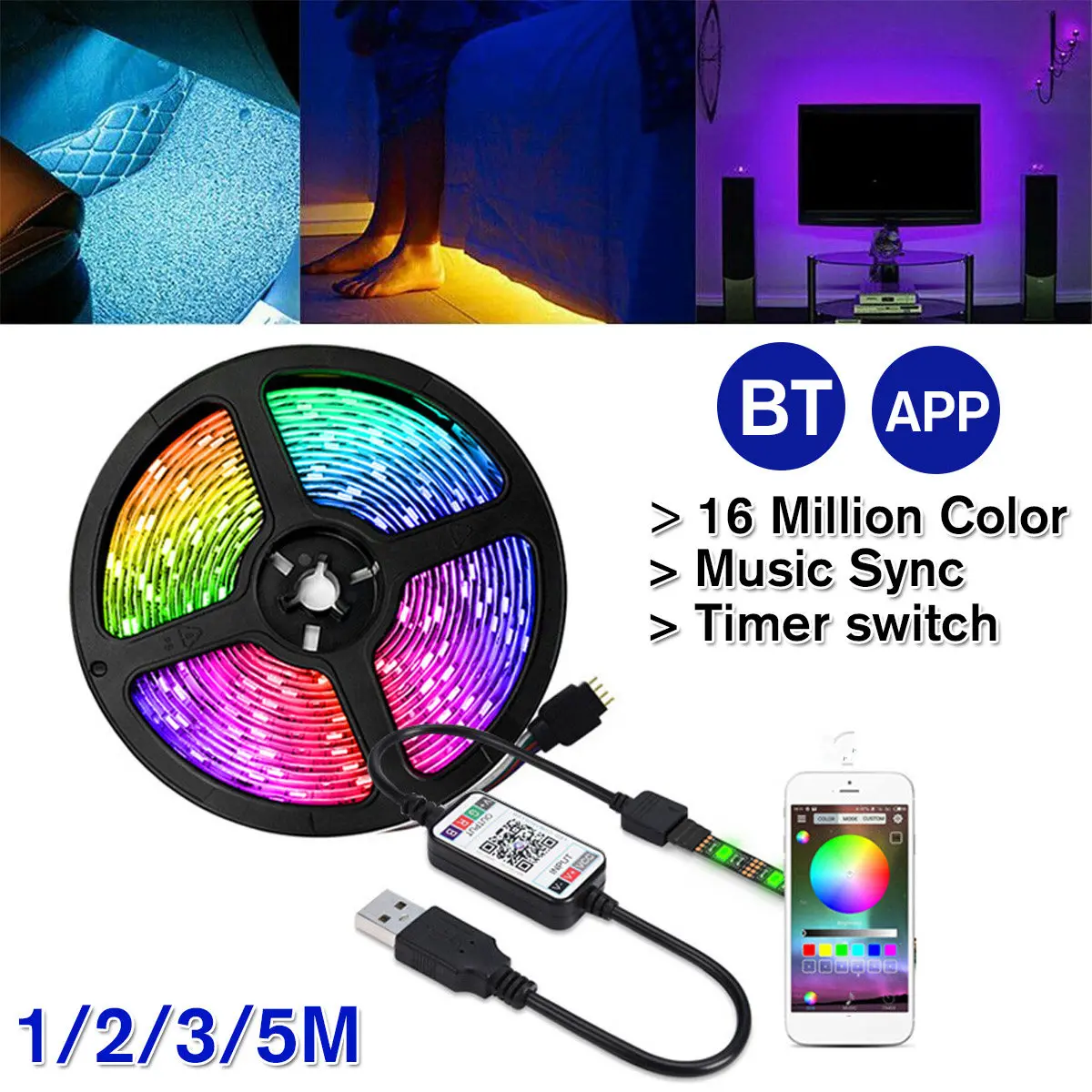 Светодиодная лента с bluetooth 5 В USB 5050 RGB 60 светодиодов/м дистанционное управление