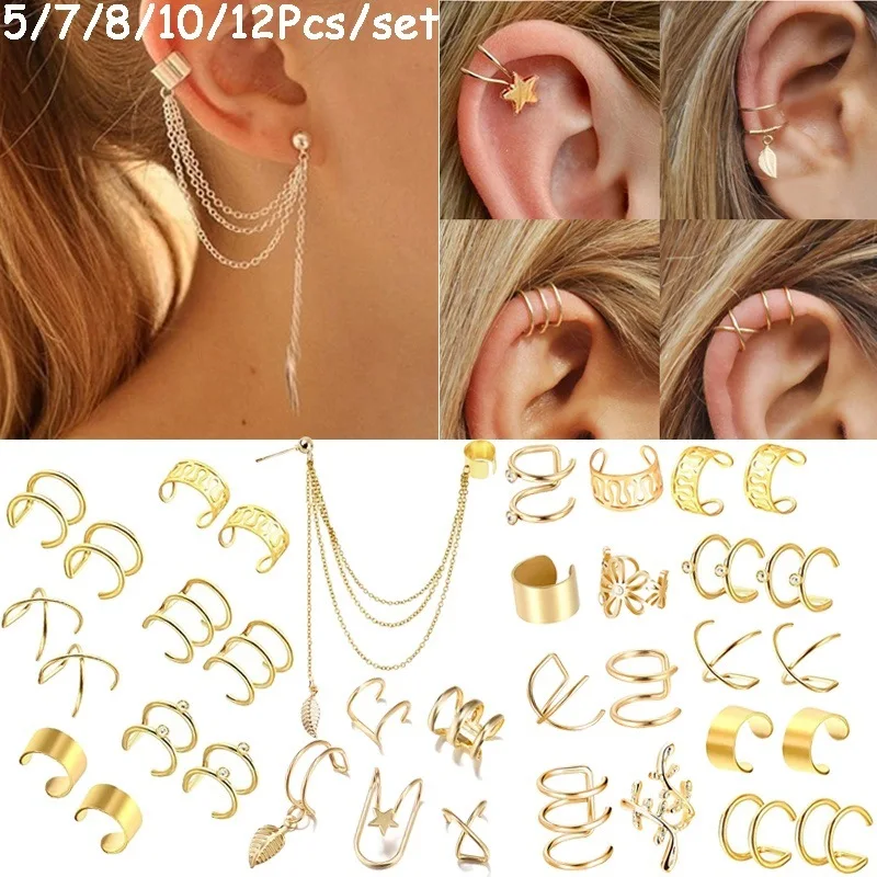 

12Pcs/Set Clip Ear Cuff Earring Fake Cartilage Earring For Women Gold Color Chain No Piercing Clip Earrings Set Earcuff Jewelry