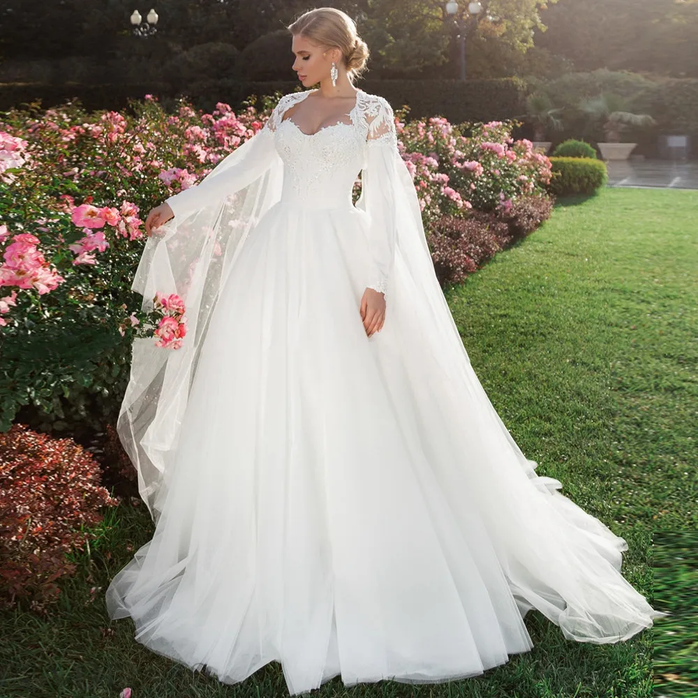 

Two Pieces Sweetheart Wedding Dresses Tulle A-line Bridal Gown with Shawl Long Sleeves Country Style Garden vestidos de noivas