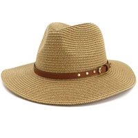 ht3616 women sun hat men leather belt summer straw hat fashion floppy fedoras male female beach cap travel jazz panama hat men