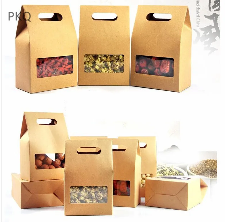 Бумажная коробка с прозрачным окном для чая и продуктов питания с ручкой для переноски, коричневая картонная упаковка для сухофруктов.