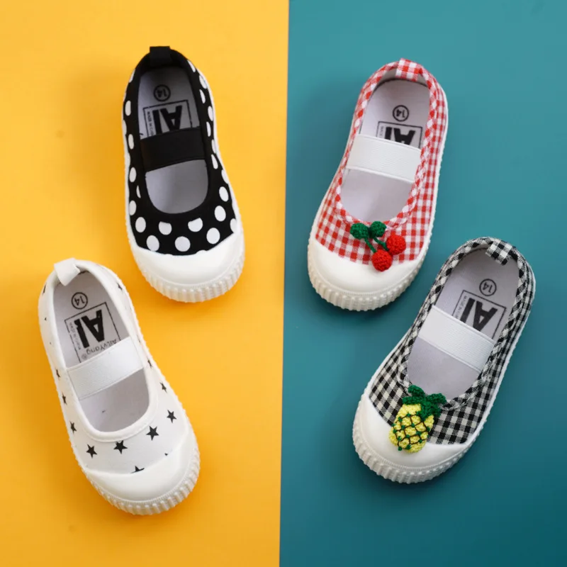 

2021 spring and summer girls round toe shoes cherry fruit wave point canvas shoes baby cloth shoes breathable non-slip