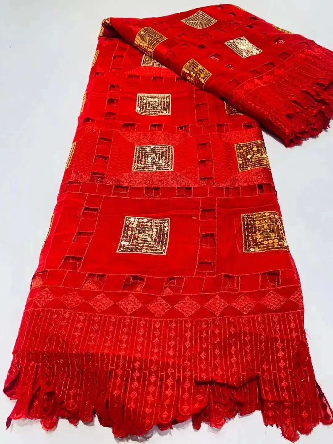 

2021 Embroidery African red Cotton Lace Fabrics 5 Yards Dry Lace sequins Swiss Voile Lace In Switzerland For Sewing