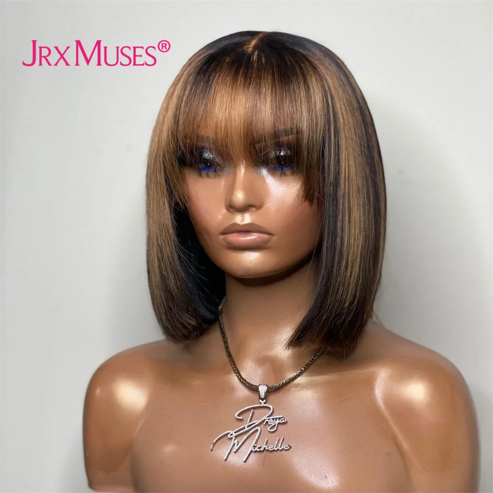 

1B/4 Short Bob Fringe Wig Human Hair Wigs With Bangs Straight Brazilian Remy Blunt Cut Full Machine Made Glueless Wigs For Women