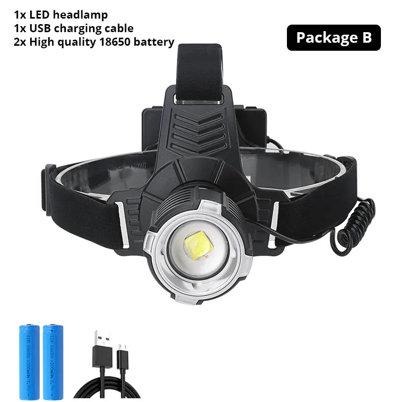 Package B Ультра яркий XHP70.2 светодиодный налобный фонарь USB Перезаряжаемый фонарь Водонепроницаемый зум рыболовный свет 3 режима высокой мощности 18650 фонарик - Испускаемый цвет: Package B