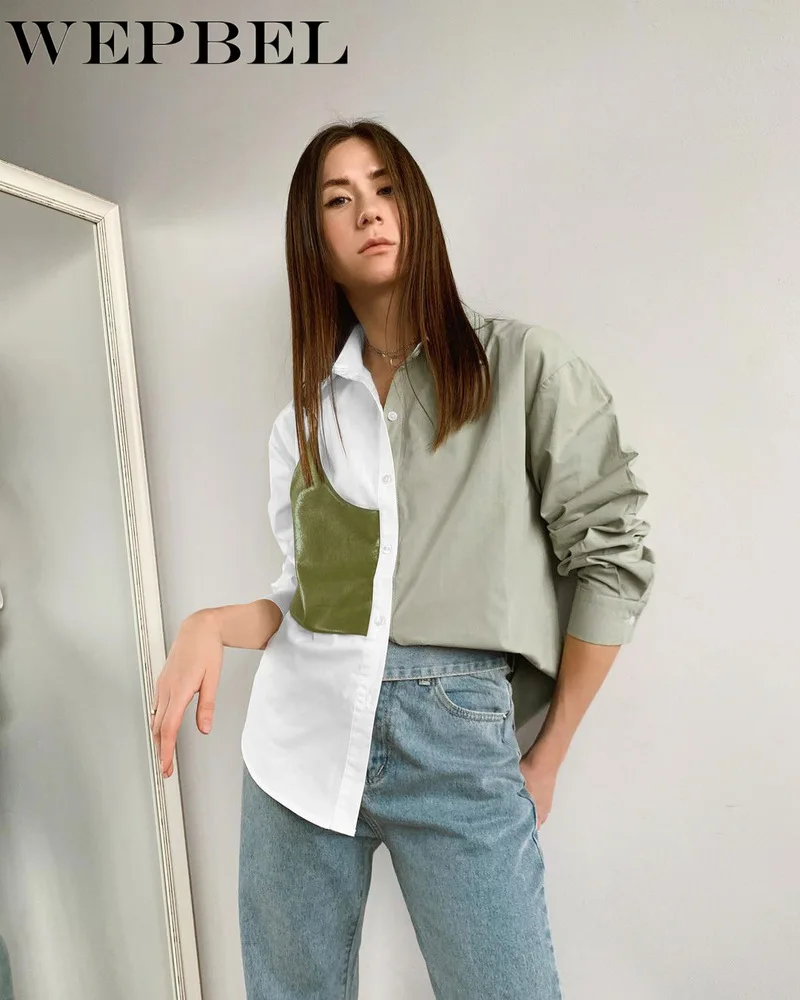 

Mandylandy Spring Women PU Patchwork Fake Two Piece Blouse Shirt Top Lady Elegant Loose Single Breasted Turn Down Collar T-shirt