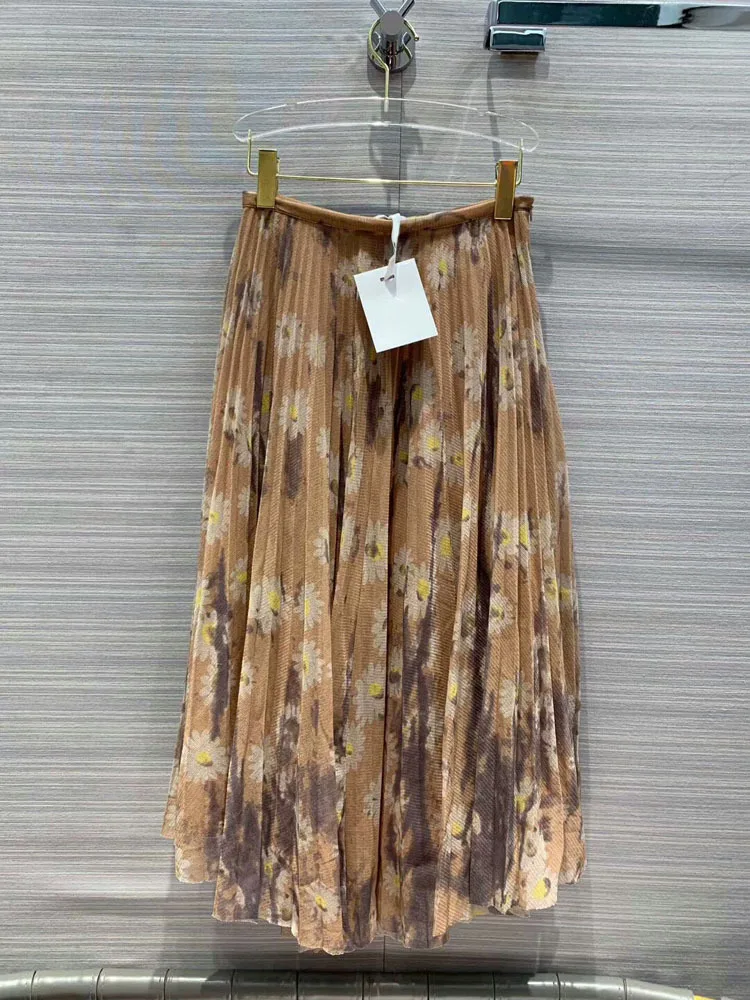 

2020 Early Spring Women's New Elegant Girly Style Ink Printed Mesh Pleated Skirt Free Shipping Worldwide