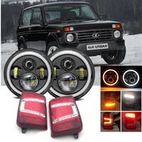 7 round headlights white drl amber turn signal halo with led rear tail lights combo for lada niva 4x4 1995 car accessories