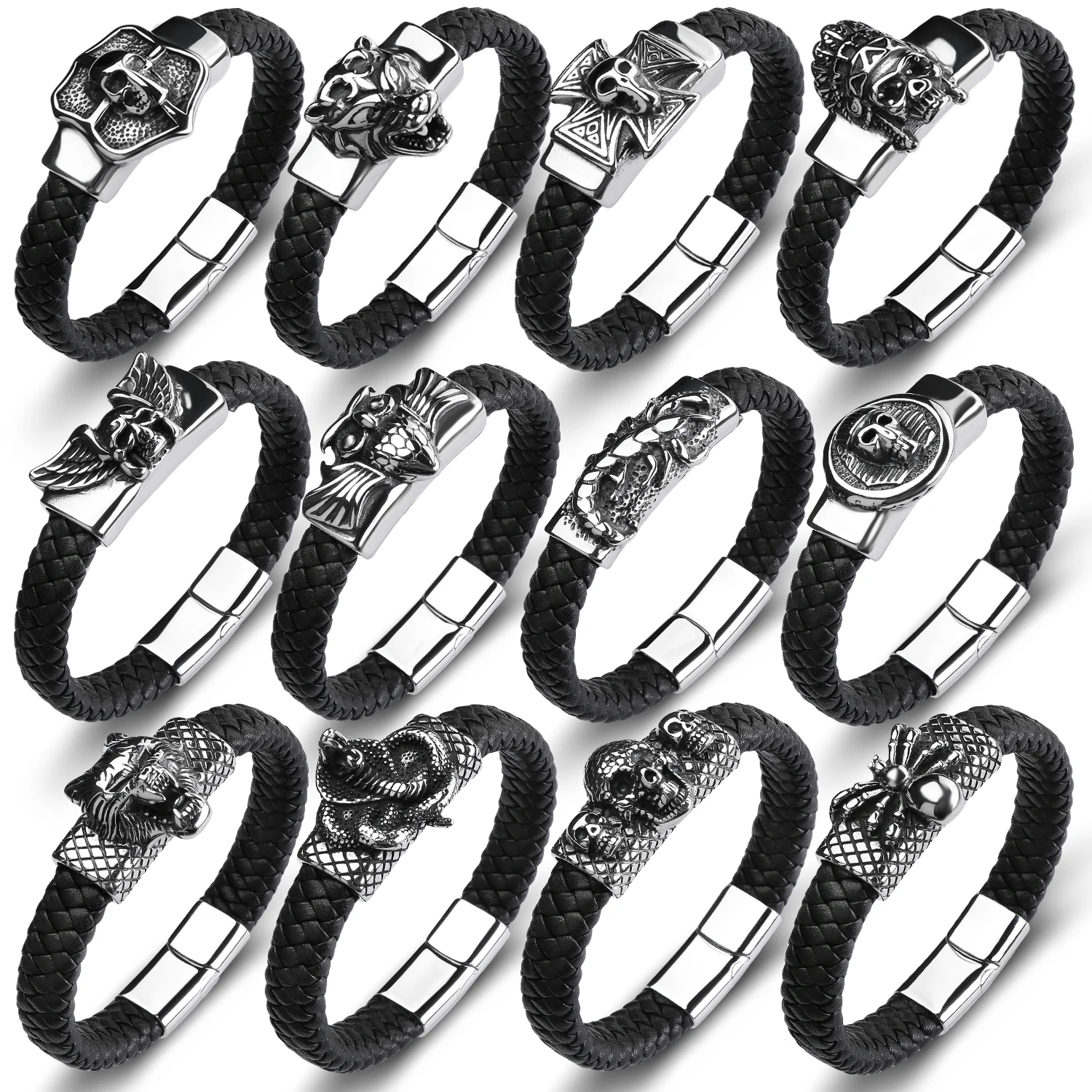 

Мужские черные кожаные браслеты в стиле панк с черепом, трендовые браслеты-манжеты для мужчин, 28 стилей, ювелирное изделие, подарок