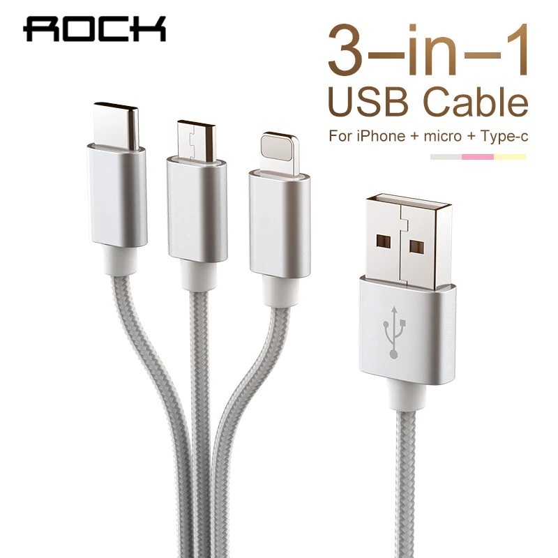 ROCK USB кабель для быстрой зарядки 3 в 1 iPhone 11 XS X 8 7 6 Micro Type C мобильный телефон Android