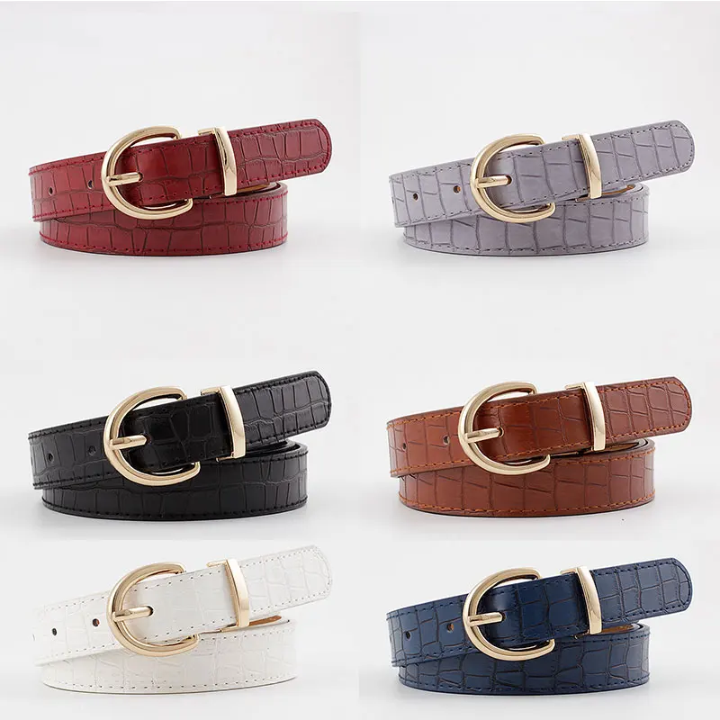

2020 New Women's Wide Black White Violet Brown Crocodile Skin Print Belt Waistband Female Gold Pin Buckle Belts For Women Dress