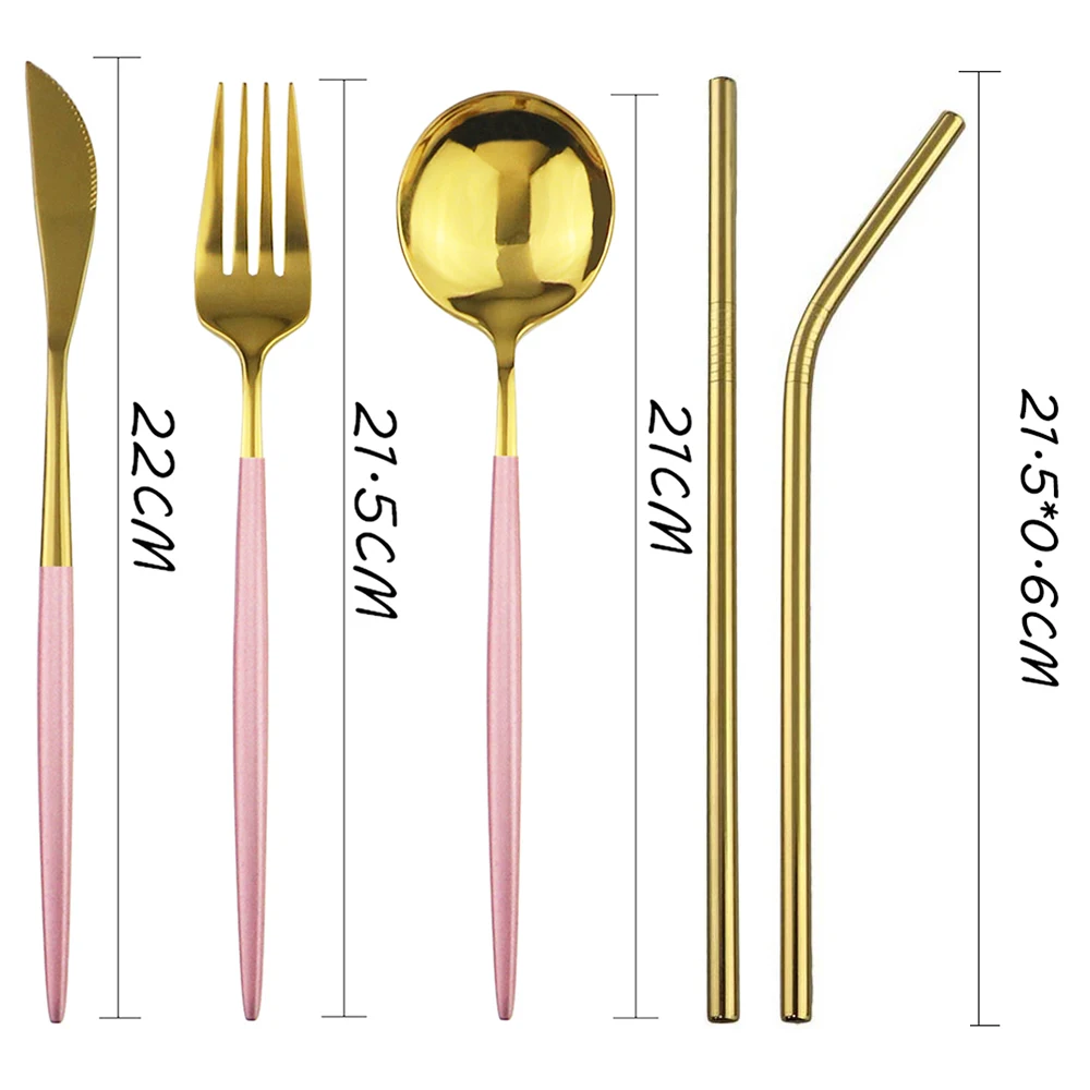 

Pink Gold Travel Dinnerware Stainless Steel Portable Cutlery Knife Spoon Fork Straw With Cloth Pack Dinner Set For Picnic