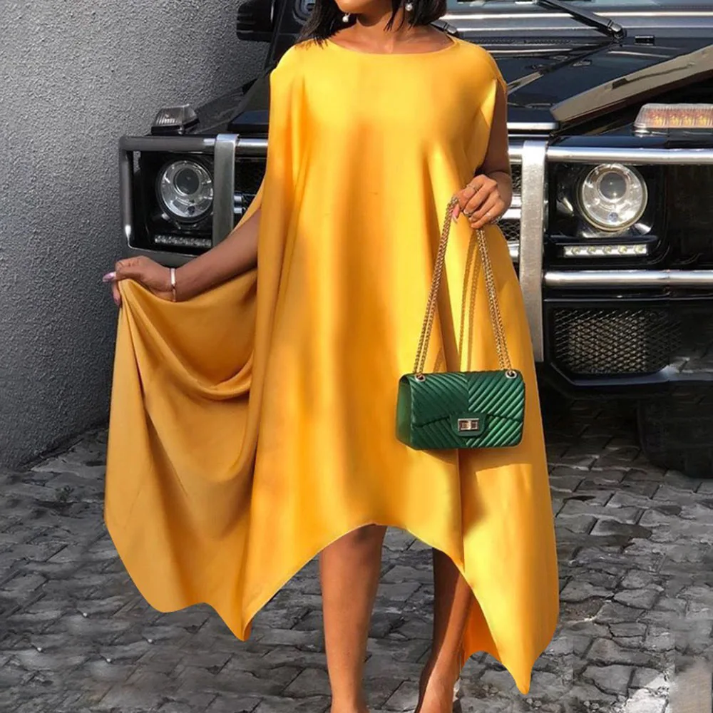 

2021 Summer New Plus Size Women's Irregular Dress Solid Color Temperament Commuter Round Neck Casual Yellow Dress