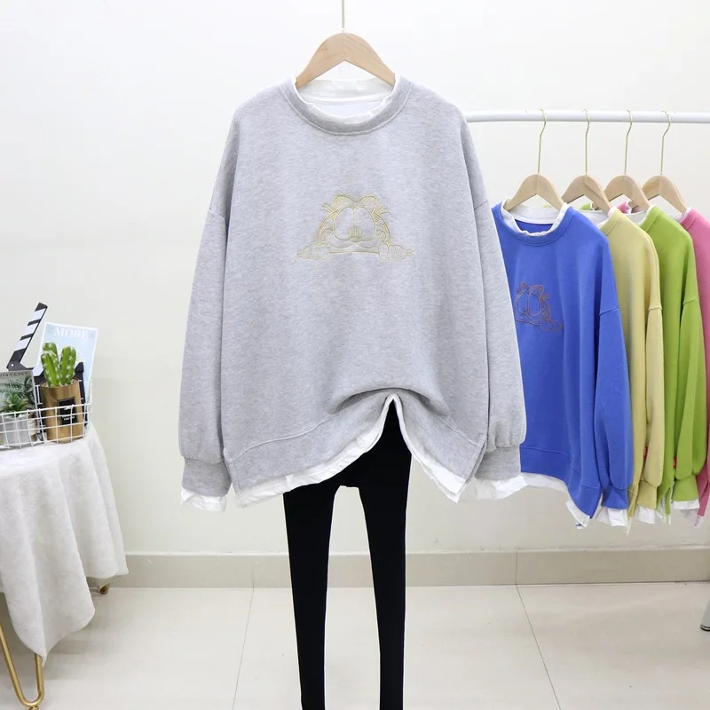 

False Two-Piece Sweaters Women's Cartoon Embroidered Garfield Spring and Autumn Thin round Neck Long Sleeve Student Top