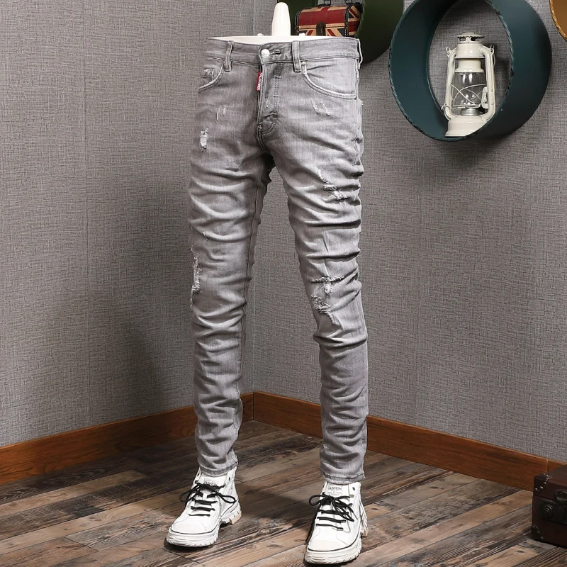 Italian Style Fashion Men Jeans Retro Gray Elastic Slim Fit Ripped Jeans Men Brand Designer Vintage Casual Cotton Denim Pants