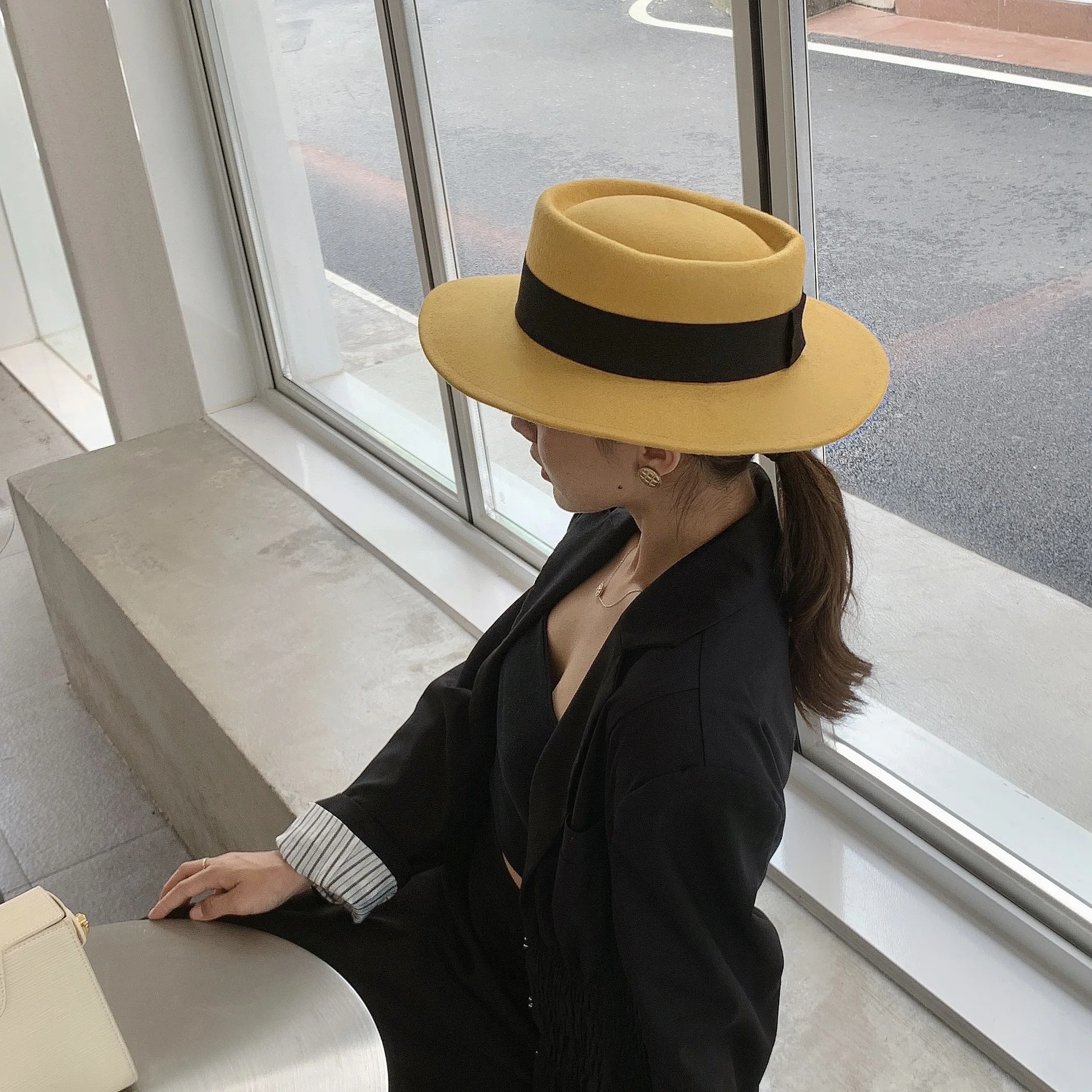 202010-panshi-yellow wool autumn  ribbon beautiful color  lady  fedoras  cap men  women leisure panama jazz hat