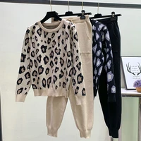 2021 2 pieces set women knitted tracksuit leoparo necksweater carrot jogging pant pullover sweater set knitted fashionoutwear