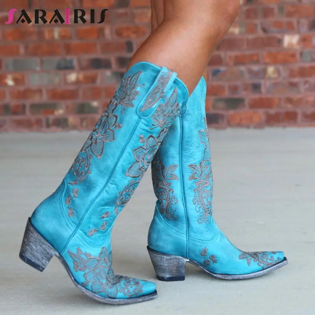 

SaraIris Big Size 43 Retro Embroidery Cowboy Cowgirl Western Boots Chunky Pointed Toe Mid Calf Casual Retro Rome Casual Shoes