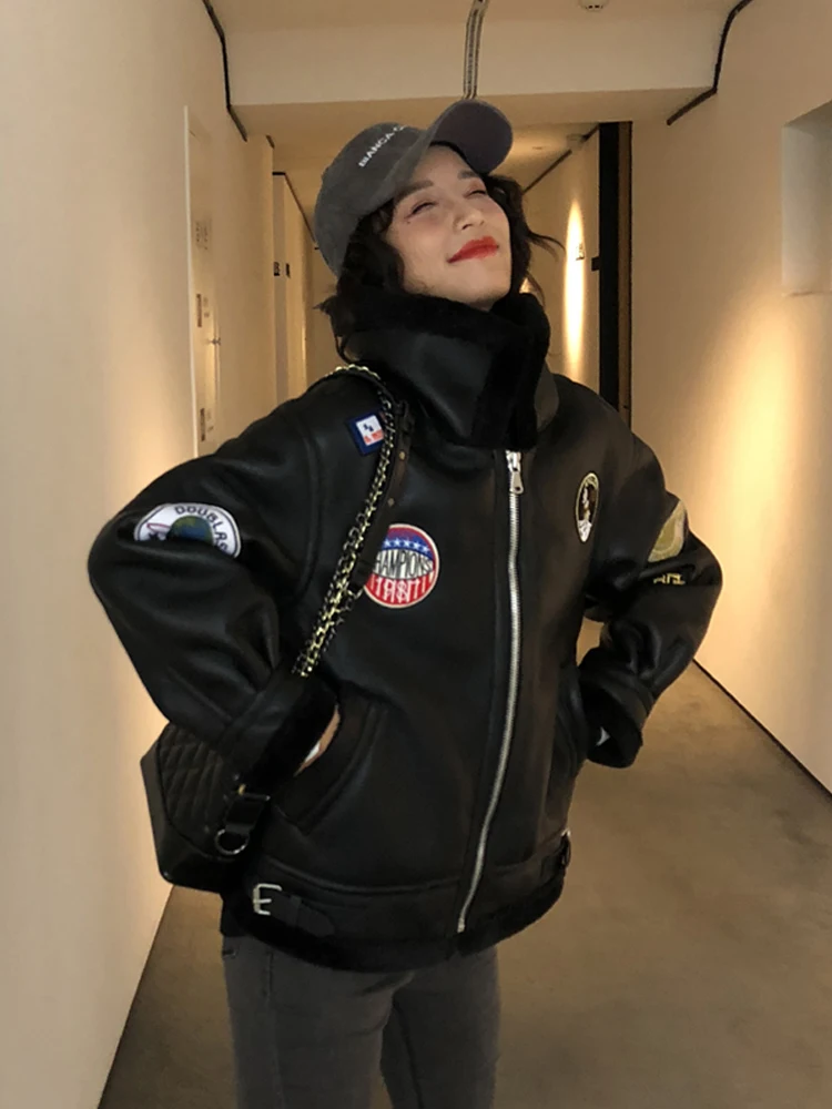 

Женская байкерская куртка-Авиатор из искусственной кожи, зимняя утепленная байкерская куртка из овечьей кожи с меховой подкладкой, 2020