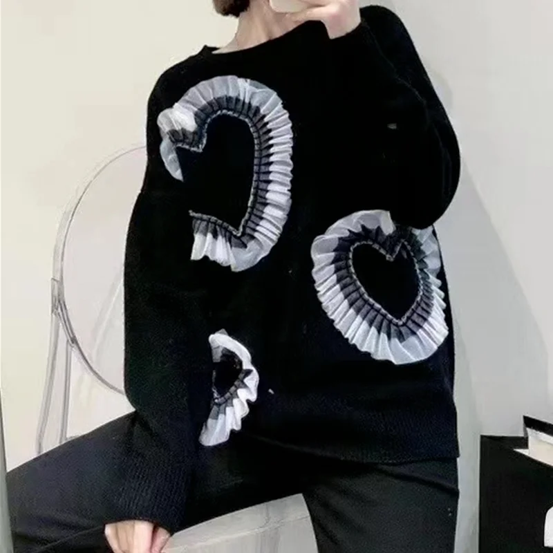 Nomikuma Pull Femme корейский сетчатый лоскутный вязаный свитер с оборками Love Heart