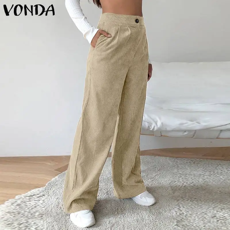

Женские Элегантные однотонные брюки 2021 VONDA повседневные плиссированные длинные брюки с высокой талией широкие брюки палаццо женские брюки