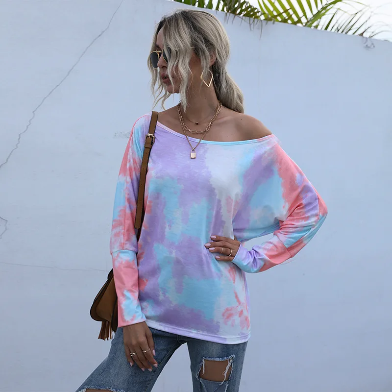 

Autumn 2020 New Hoodies Round Neck Tie Dye Women's Loose Bat Sleeve Long Sleeve Pullover