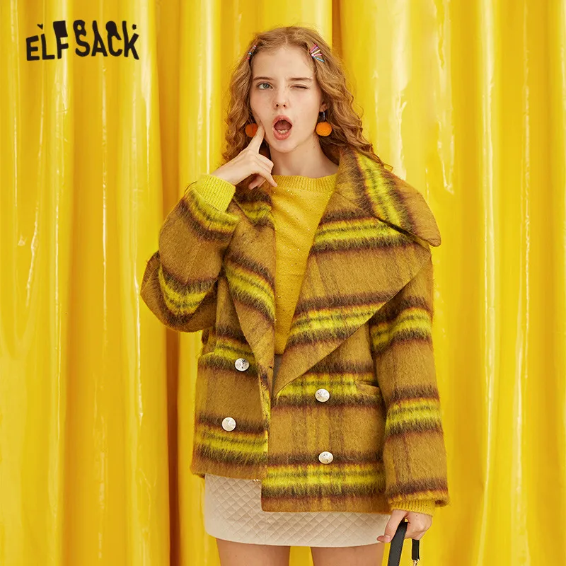 Женское прямое шерстяное пальто ELFSACK повседневное теплое двубортное в клетку с